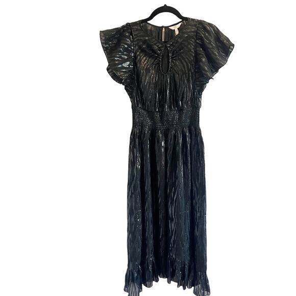NWT Rebecca Taylor $595 Silk Metallic Ruffle Sleeve Safari Midi Dress - Picture 2 of 9